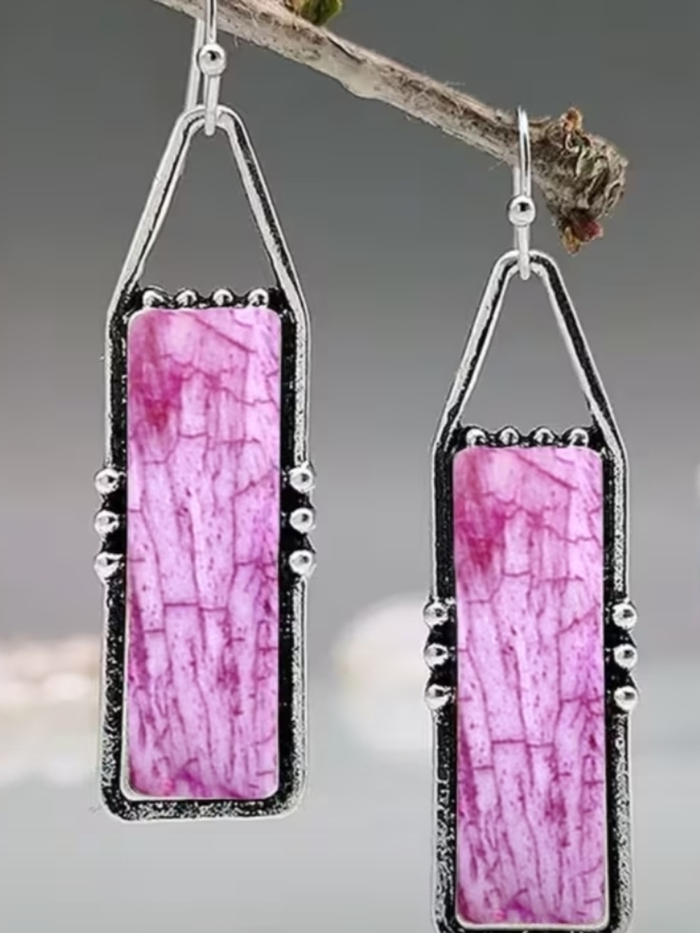 NWOT Silver-Tone Pink Rectangular Stone Drop Earrings - Unbranded